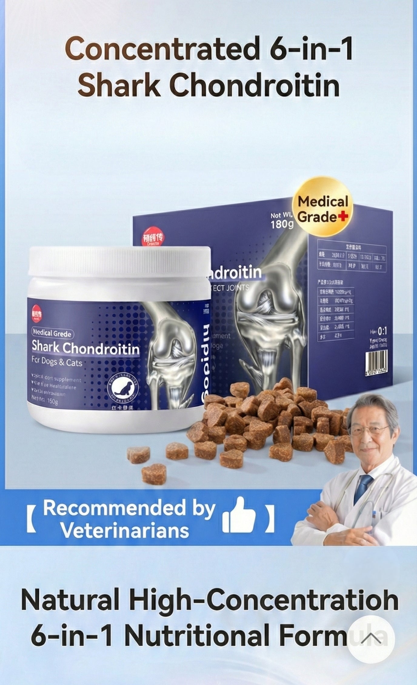 Advanced 6-in-1 Shark Chondroitin for Dogs & Cats - Joint Hip Support Supplement with Glucosamine, Omega-3 Fish Oil, & Taurine - Soft Chews for Mobility, Heart Health & Immune Boost (180g)