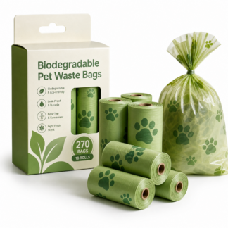 Biodegradable dog poop bags in green rolls