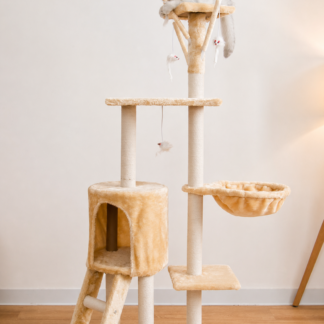 5-level beige cat tree tower with scratching posts and cat condo
