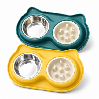 2-in-1 slow feeder pet bowl with stainless steel water bowl on white background
