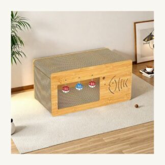 corrugated cat scratcher house with hanging play balls