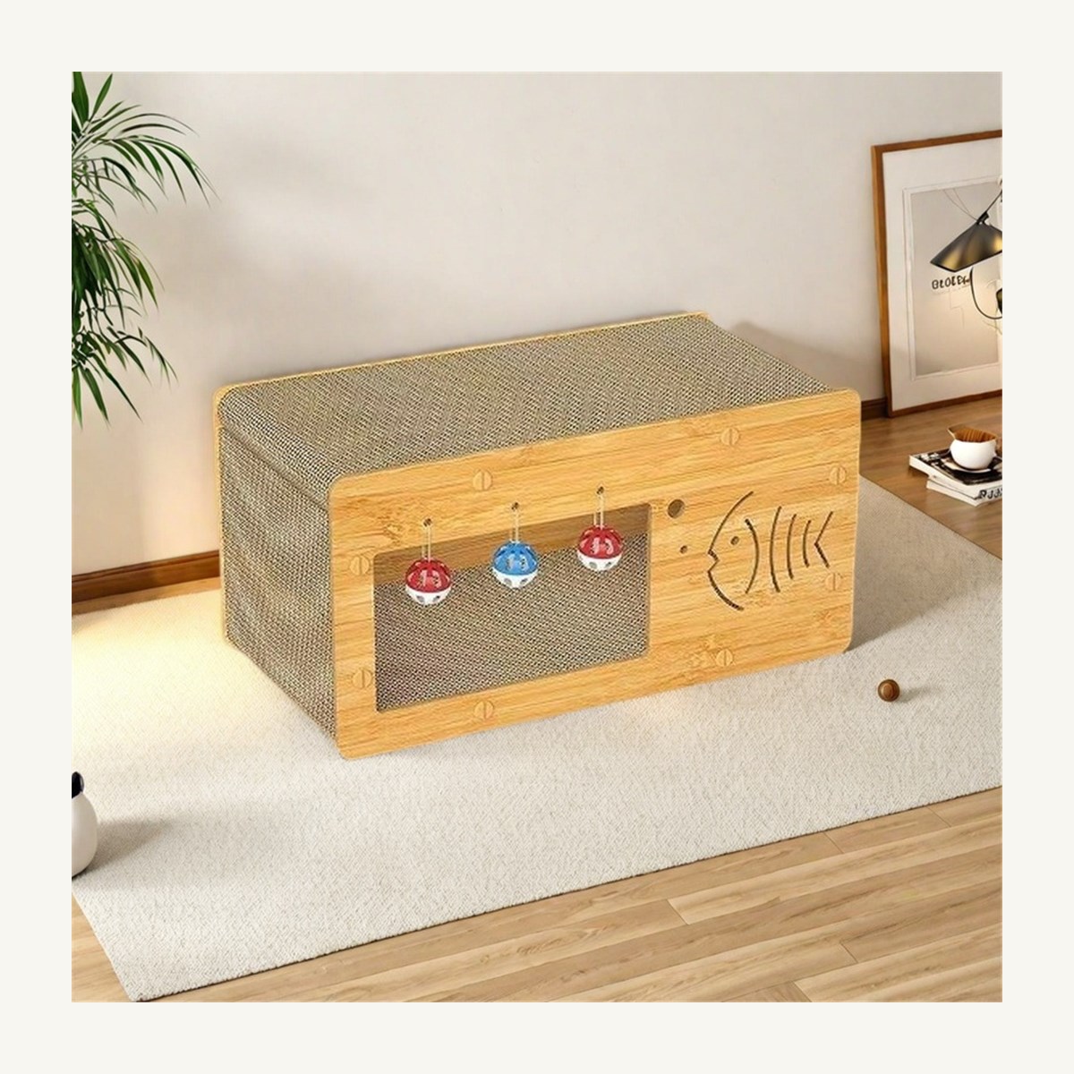 Corrugated Cat Scratcher House with Lounge Bed &amp; Play Balls