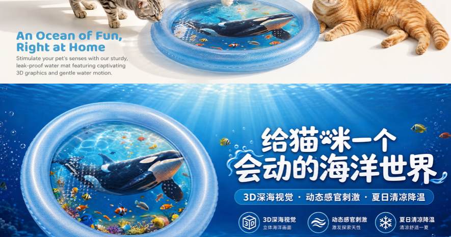 Blue ocean print cat sensory water play mat