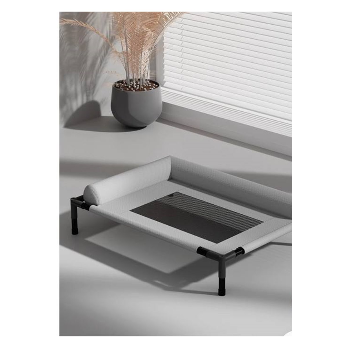 Elevated cooling dog bed with breathable mesh center and low raised frame