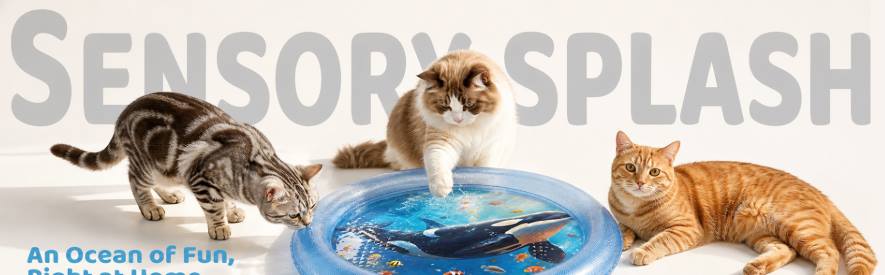 Cats playing with a blue ocean print sensory water mat
