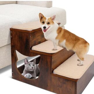 Wooden pet stairs with non-slip pads for a small dog beside a sofa