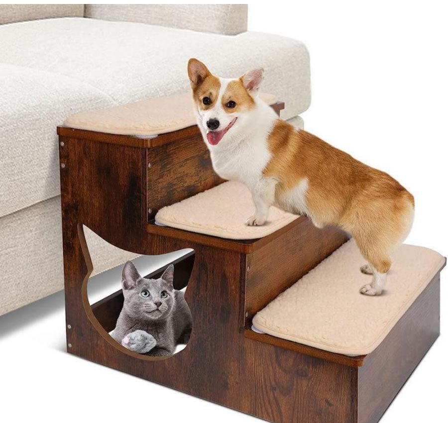 Wooden pet stairs with non-slip pads for a small dog beside a sofa