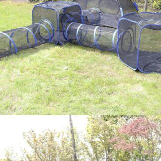 Portable outdoor cat tunnel playpen set on grass
