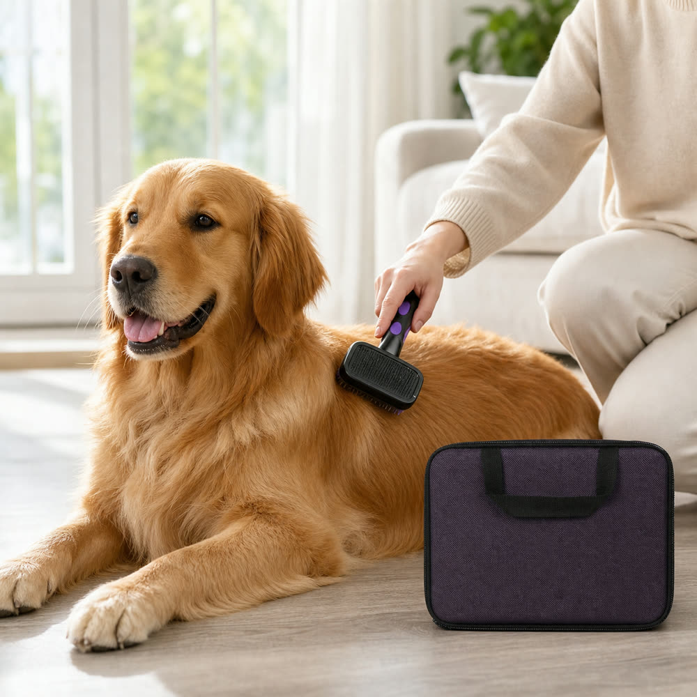 Golden retriever being brushed beside a purple and black pet grooming case