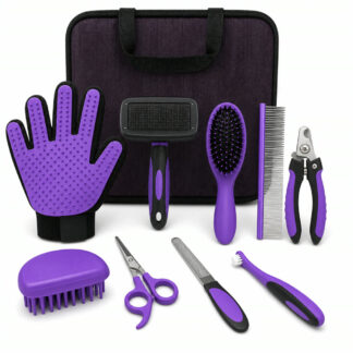 Purple and black 9-piece pet grooming kit with unbranded carry case