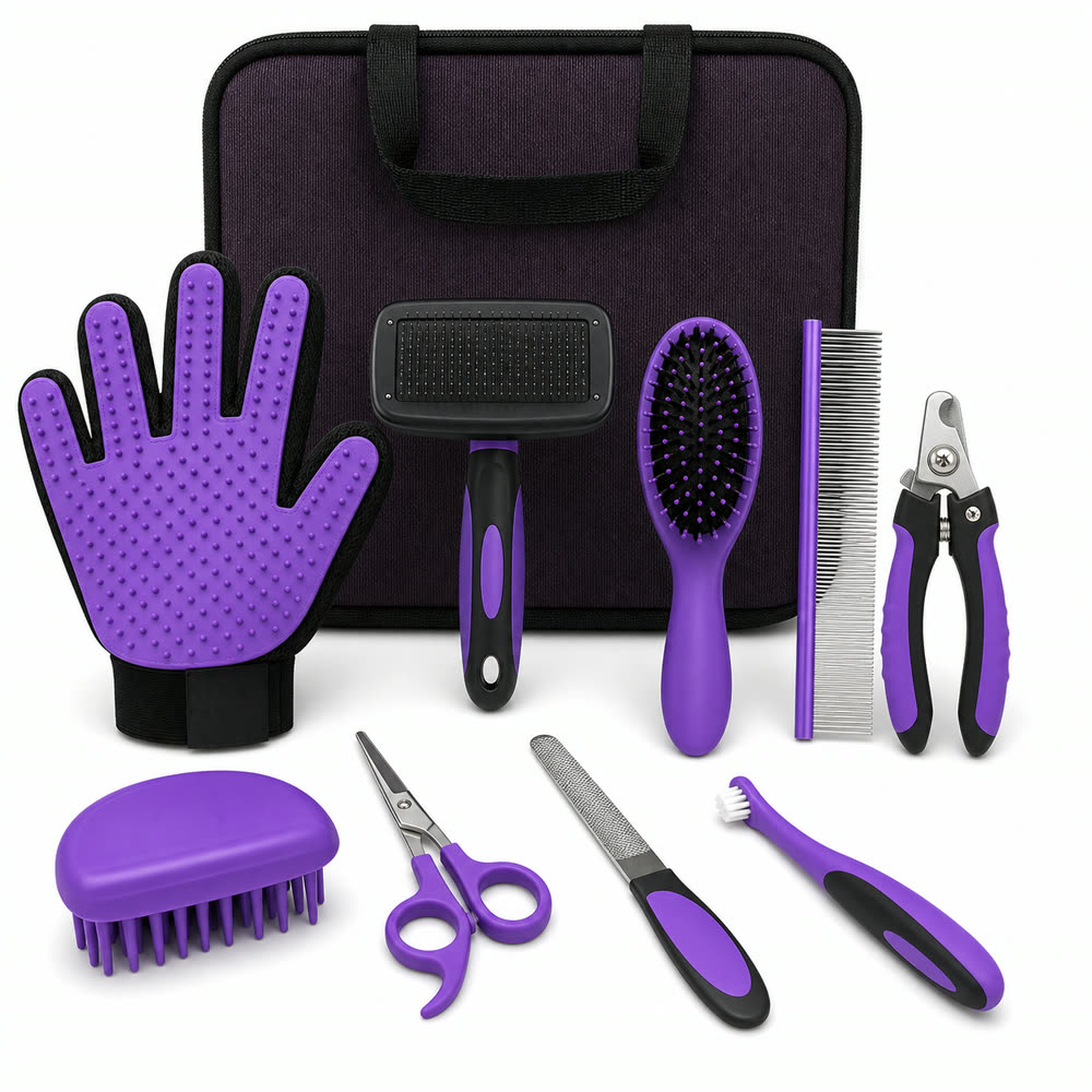Purple and black 9-piece pet grooming kit with unbranded carry case