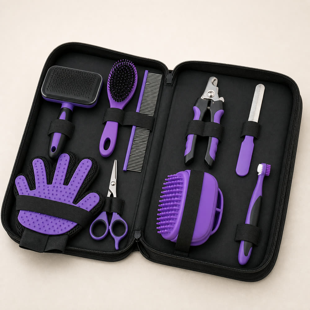 Nine purple pet grooming tools organized in an open black carry case