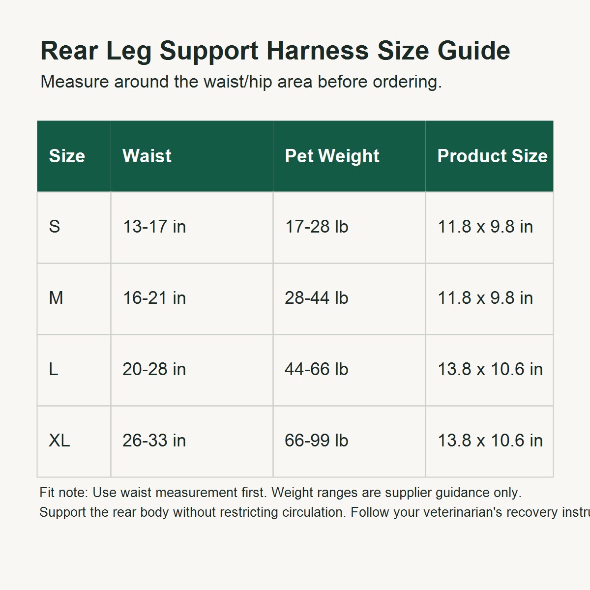 rear leg support harness size guide