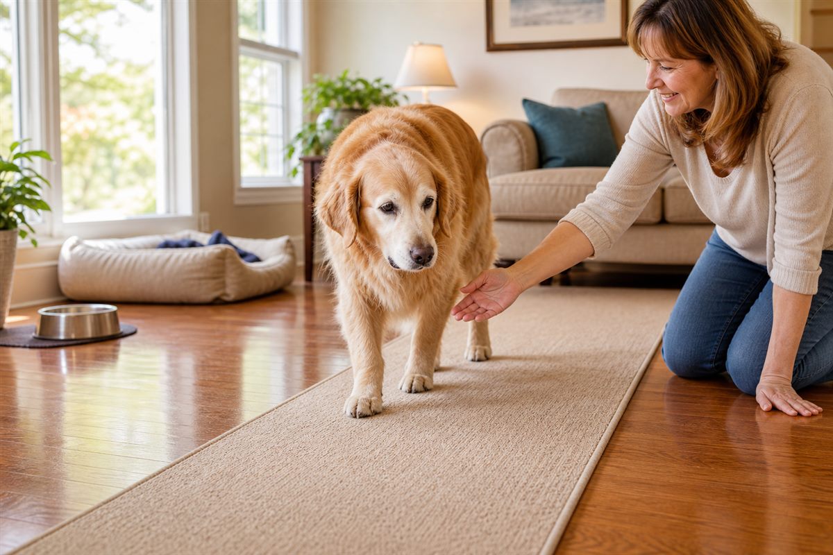 Senior golden retriever walking on a non-slip runner over a hardwood floor