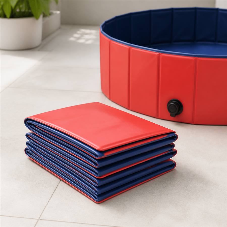 Red and blue foldable pet bath pool folded flat beside the open pool