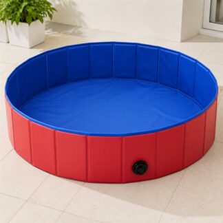 Red and blue foldable pet bath pool opened on a tiled floor