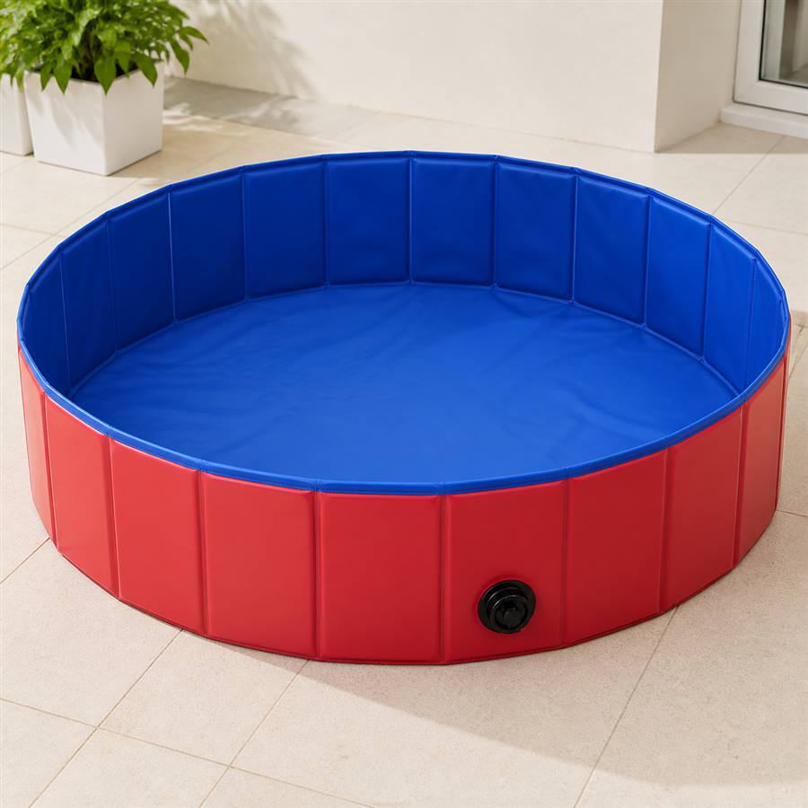 Red and blue foldable pet bath pool opened on a tiled floor