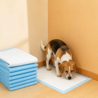 Dog using disposable pee pad with a stack of blue training pads