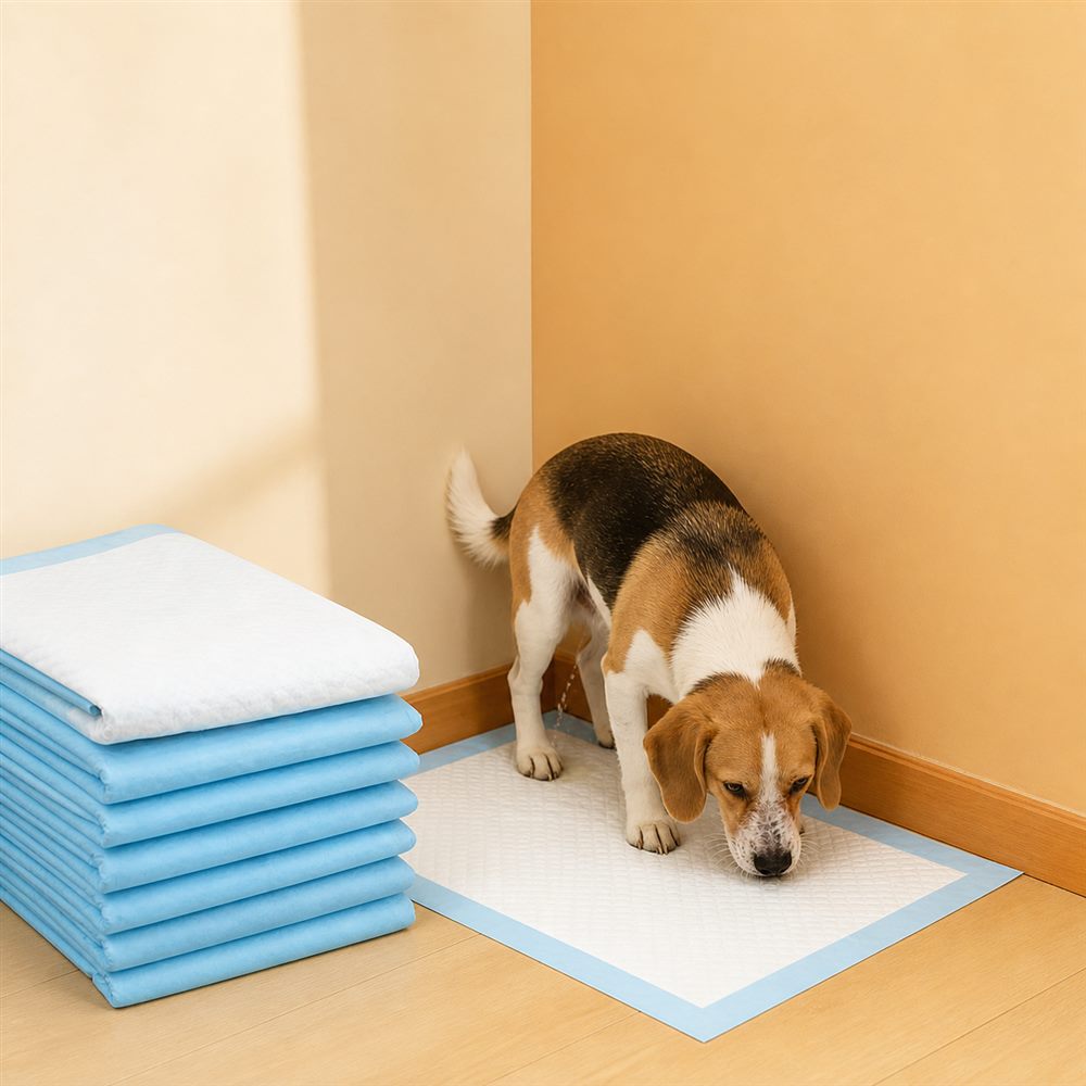 Dog using disposable pee pad with a stack of blue training pads