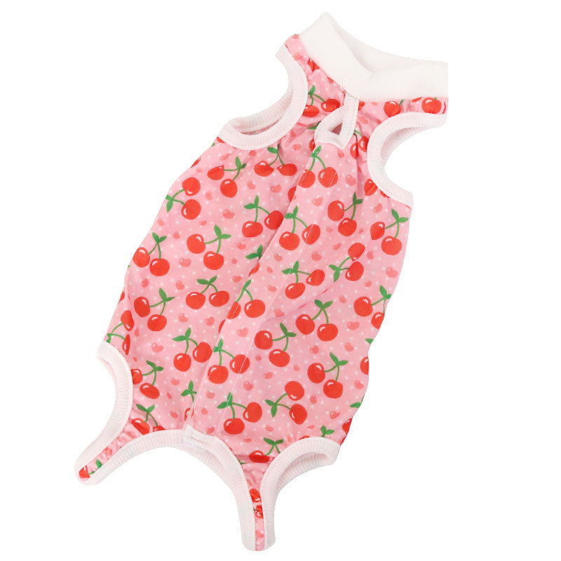 Cherry print pet recovery suit on white background