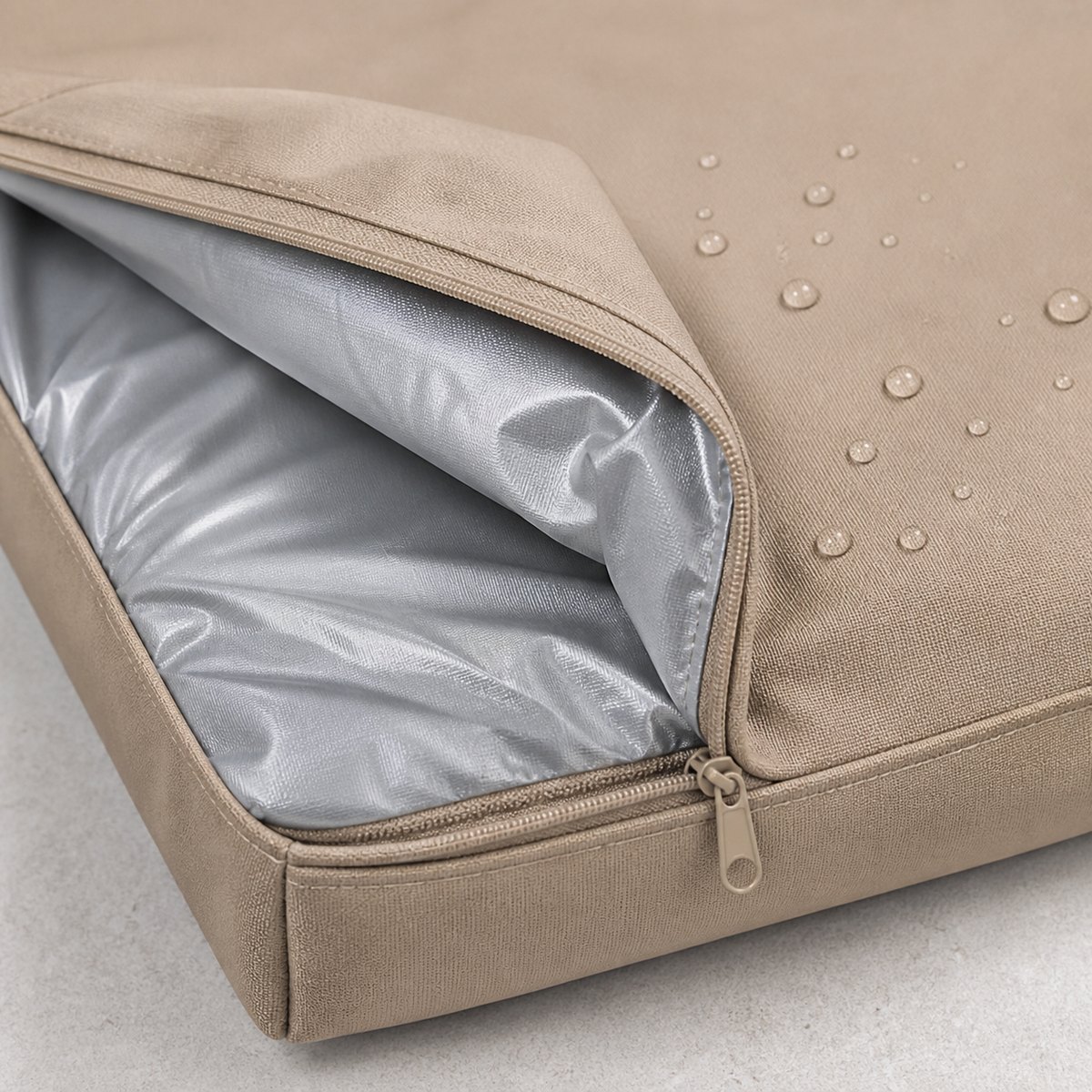 Close-up of waterproof dog bed liner zipper and protective inner layer