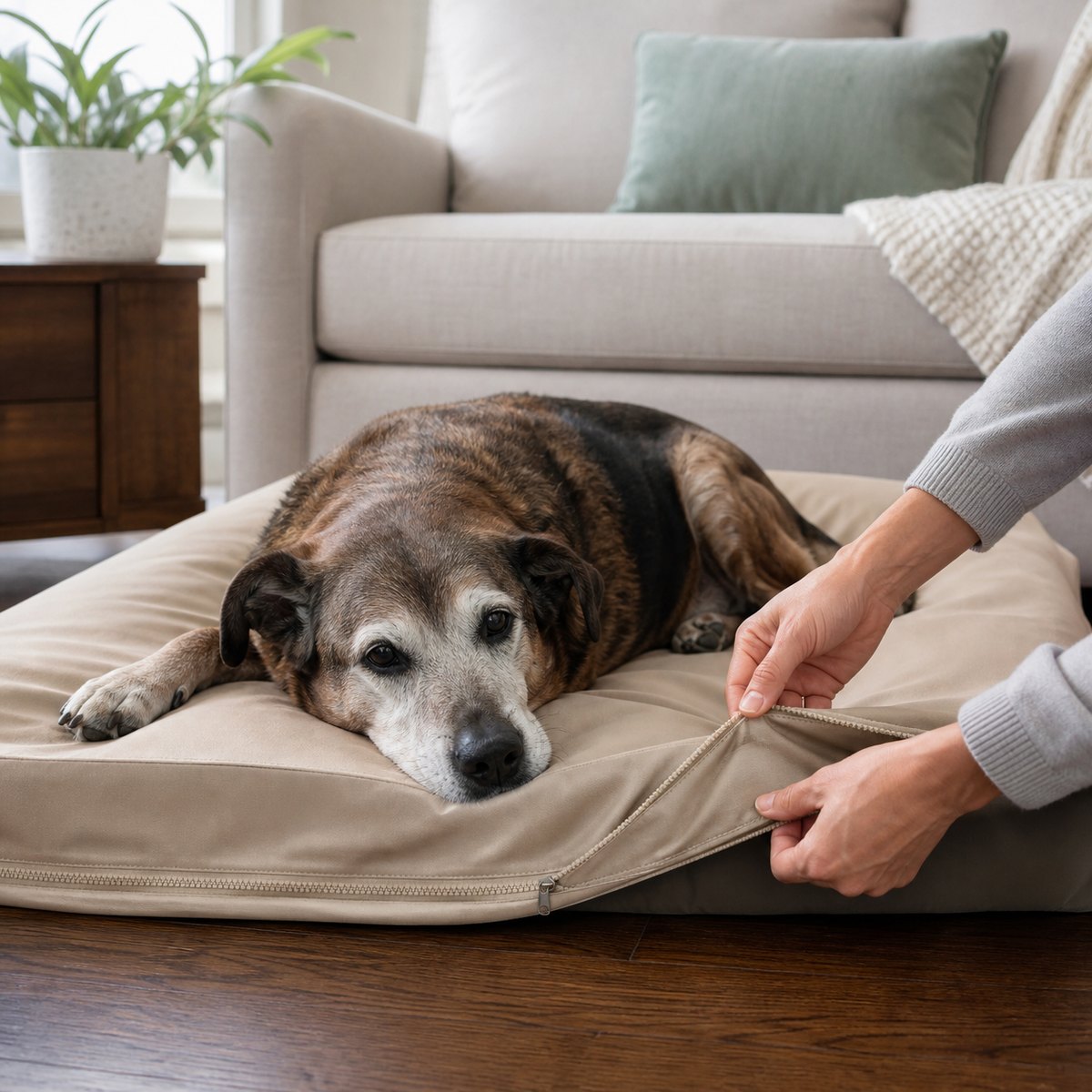 Senior dog resting on a washable waterproof dog bed liner at home